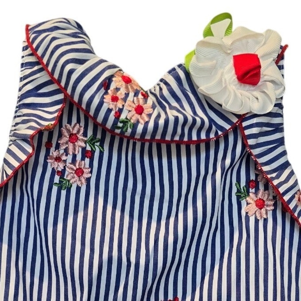 Rare Editions Toddler Girls Blue White Striped Floral Embroidered Outfit Set 24M - Picture 6 of 6